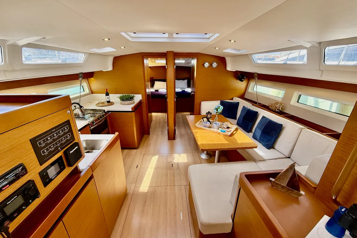 Salon of Yada, a Jeanneau Sun Odyssey 490 sailboat at Marpissa, Greece