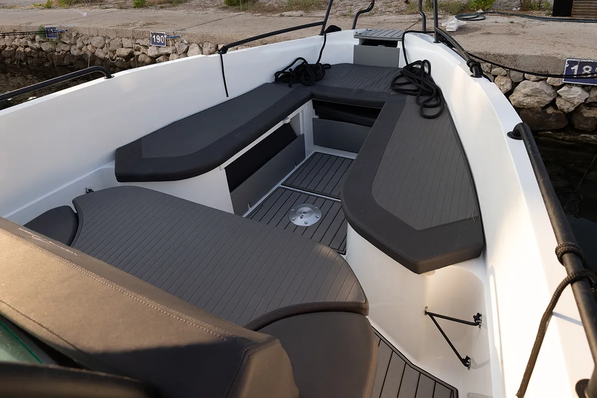 Deck of NN2, a Northmaster 645 Open motorboat at Grad Šibenik, Croatia