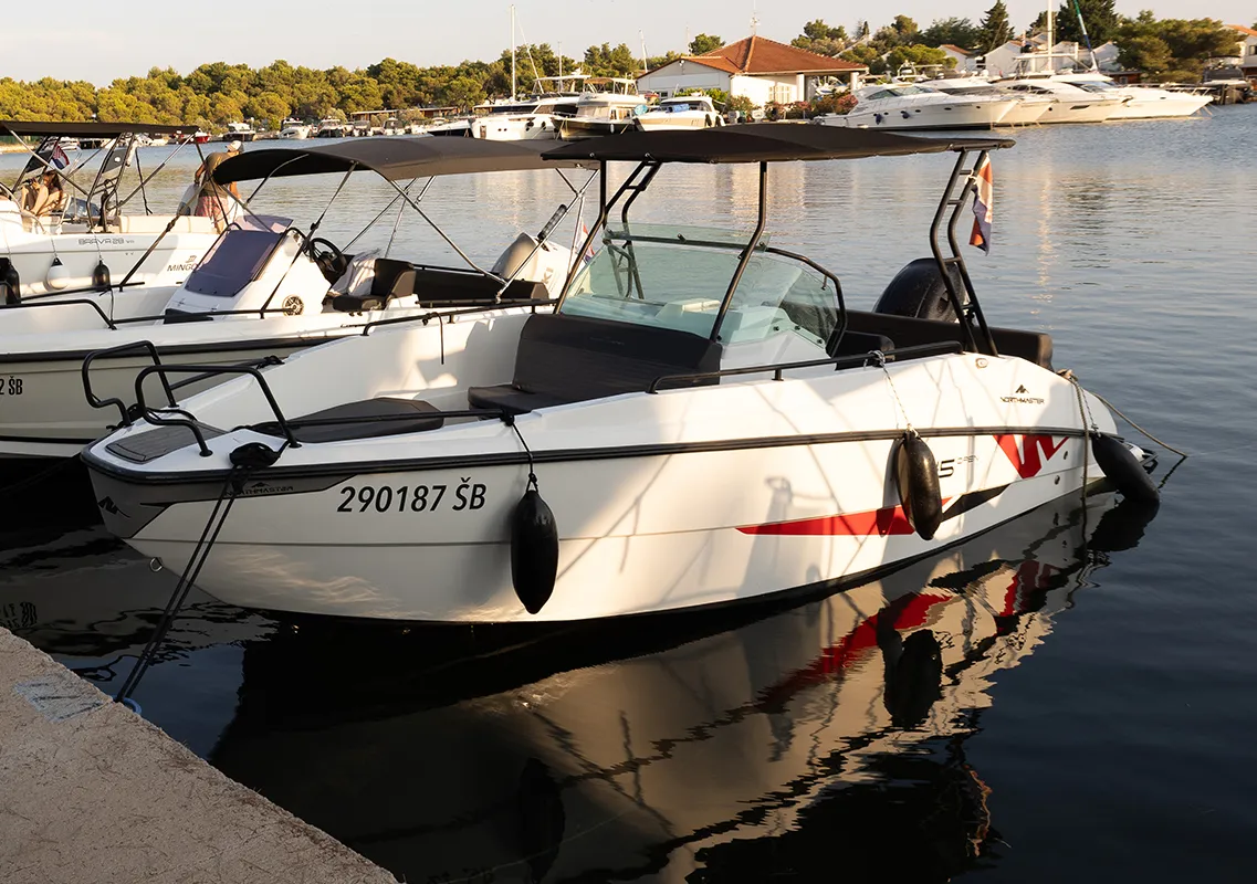 Exterior view of NN2, a Northmaster 645 Open motorboat at Grad Šibenik, Croatia