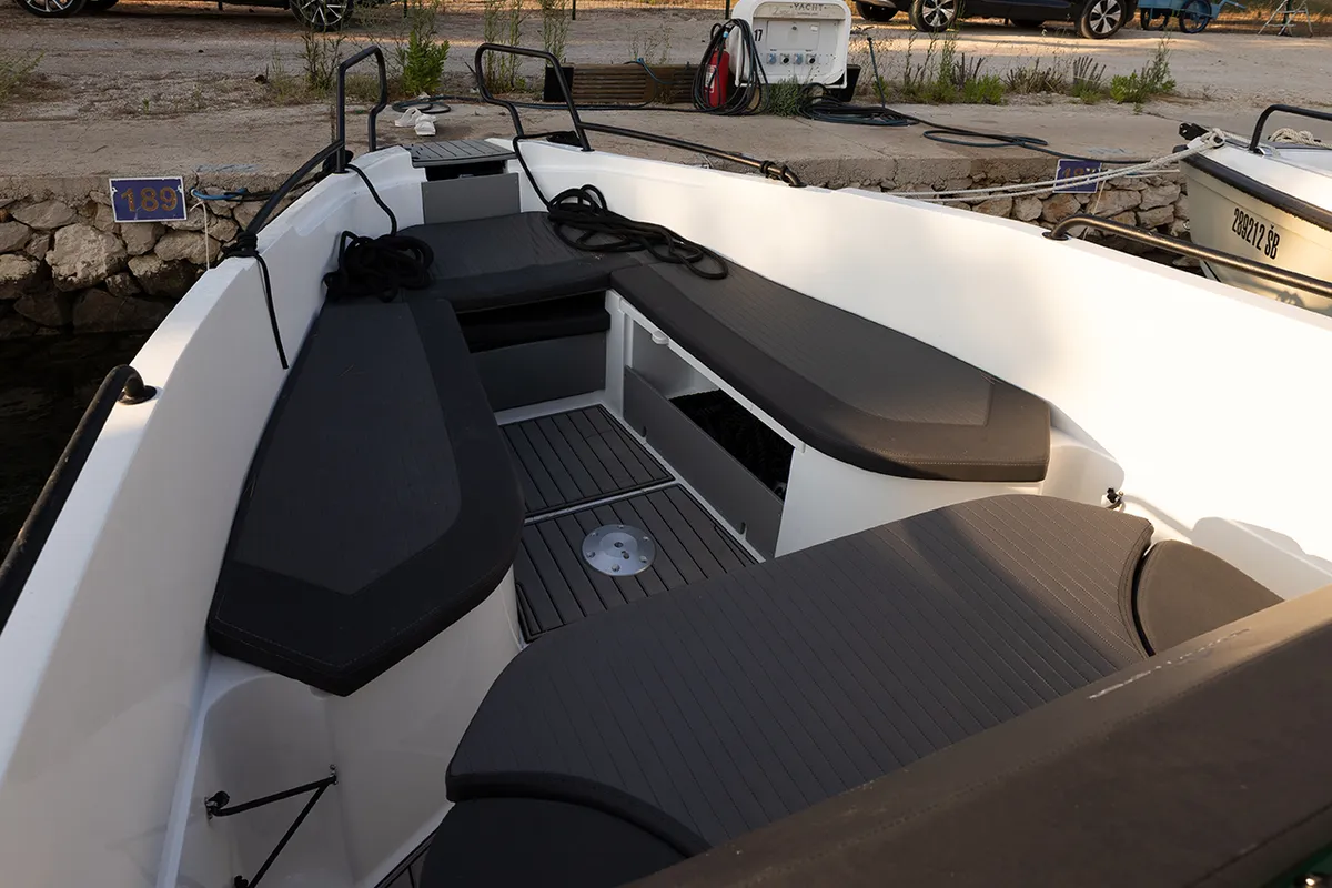 Deck of NN2, a Northmaster 645 Open motorboat at Grad Šibenik, Croatia
