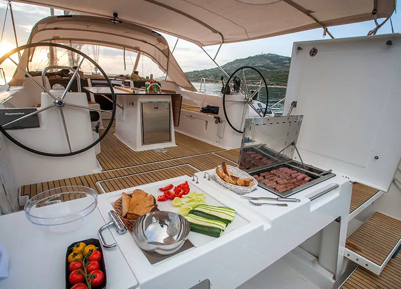 Deck of Petrovich, a Dufour 560 GL sailboat at Primošten, Croatia