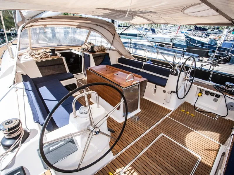 Cockpit of Petrovich, a Dufour 560 GL sailboat at Primošten, Croatia