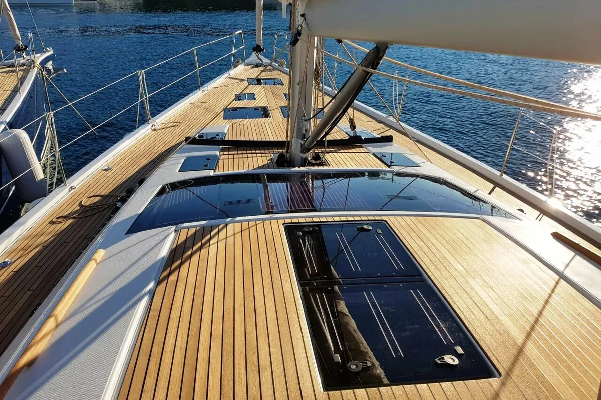 Deck of Petrovich, a Dufour 560 GL sailboat at Primošten, Croatia