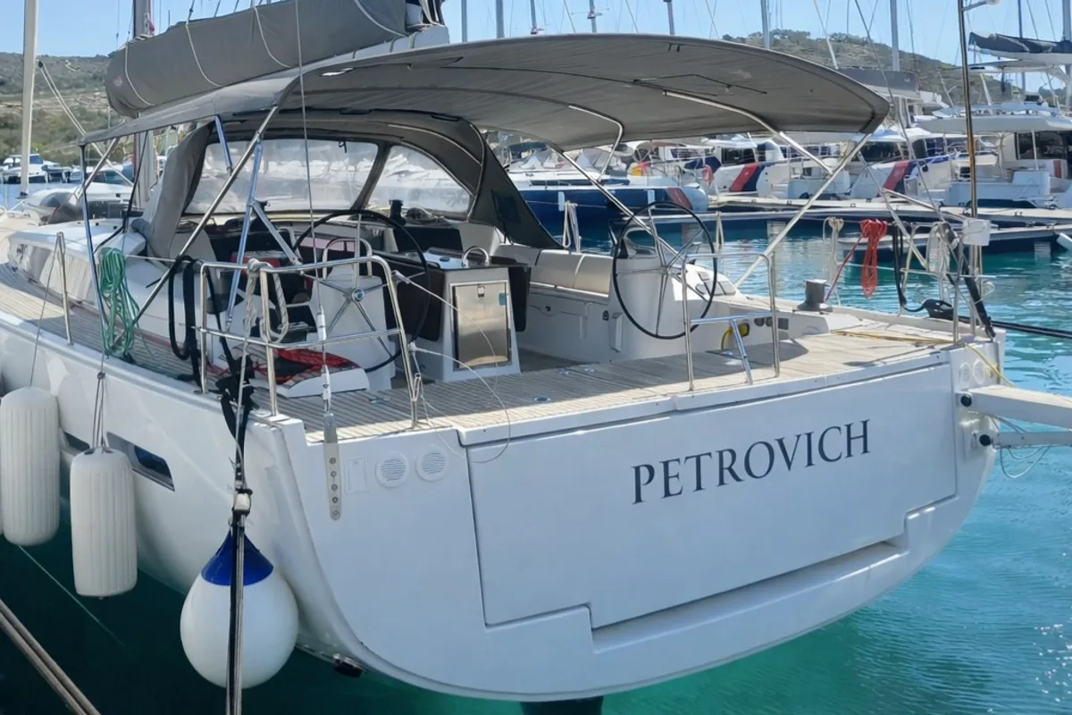 Exterior view of Petrovich, a Dufour 560 GL sailboat at Primošten, Croatia