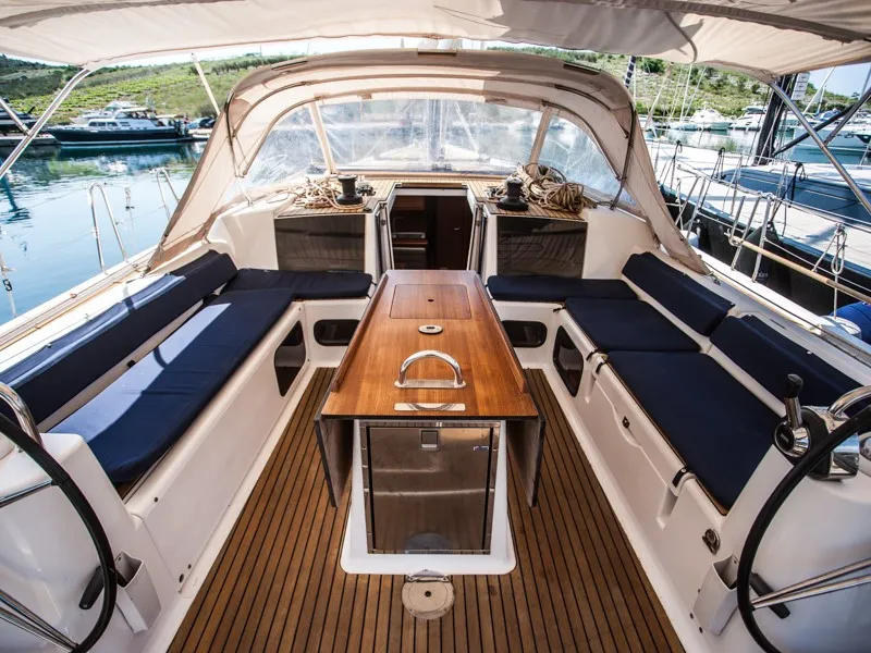 Cockpit of Petrovich, a Dufour 560 GL sailboat at Primošten, Croatia
