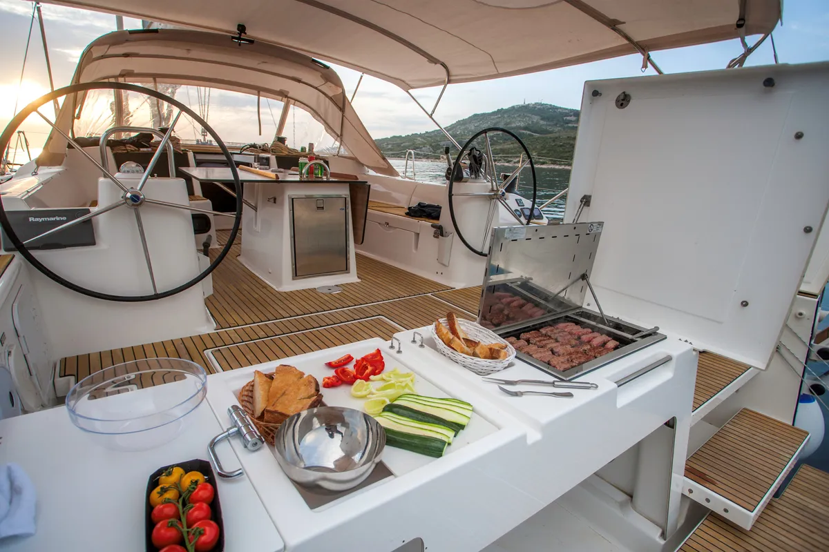 Deck of Petrovich, a Dufour 560 GL sailboat at Primošten, Croatia