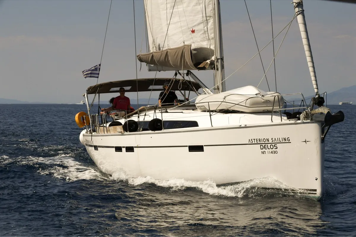 Exterior view of Delos, a Bavaria Cruiser 46 sailboat at Kontokali, Greece
