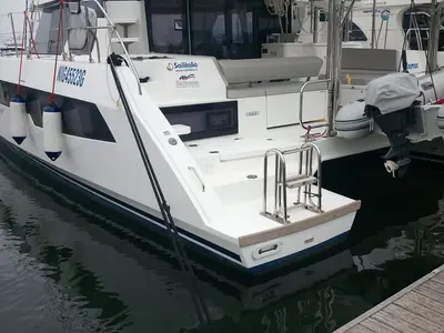 Exterior view of Lilamac, a Leopard 42 catamaran at Cannigione, Italy