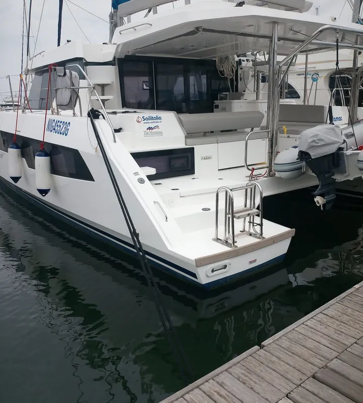 Exterior view of Lilamac, a Leopard 42 catamaran at Cannigione, Italy