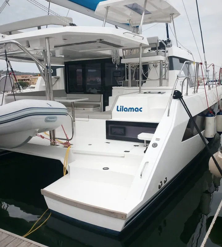 Exterior view of Lilamac, a Leopard 42 catamaran at Cannigione, Italy