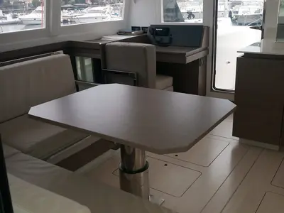 Salon of Lilamac, a Leopard 42 catamaran at Cannigione, Italy