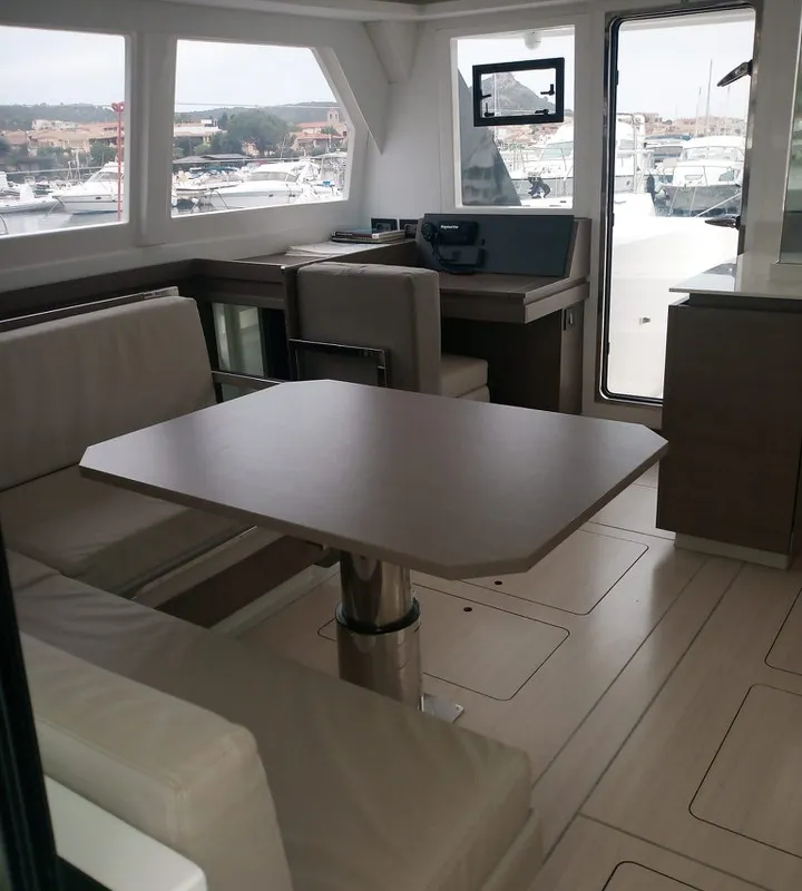 Salon of Lilamac, a Leopard 42 catamaran at Cannigione, Italy