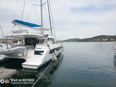 Exterior view of Lilamac, a Leopard 42 catamaran at Cannigione, Italy