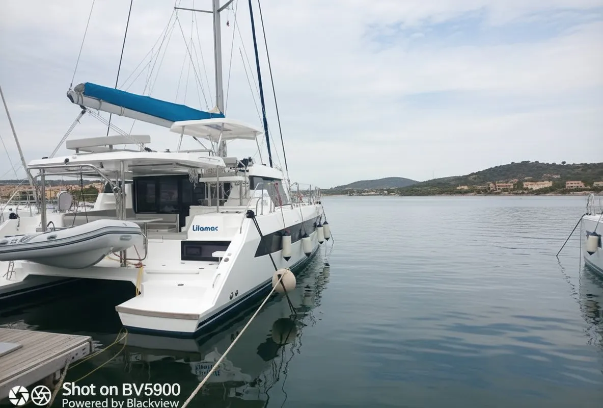 Exterior view of Lilamac, a Leopard 42 catamaran at Cannigione, Italy