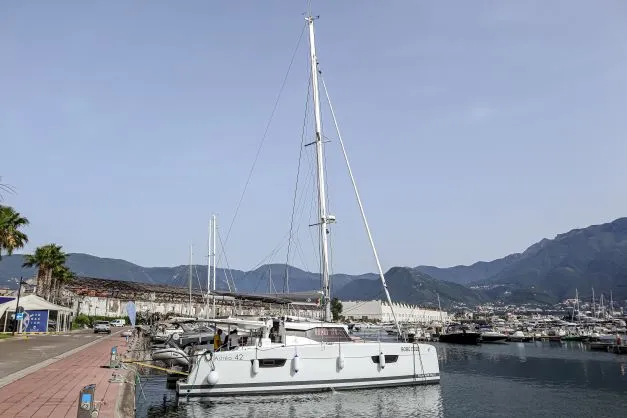 Exterior view of Lalena, a Fountaine Pajot Astréa 42 catamaran at Castellammare di Stabia, Italy