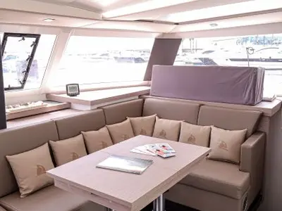 Salon of Lalena, a Fountaine Pajot Astréa 42 catamaran at Castellammare di Stabia, Italy
