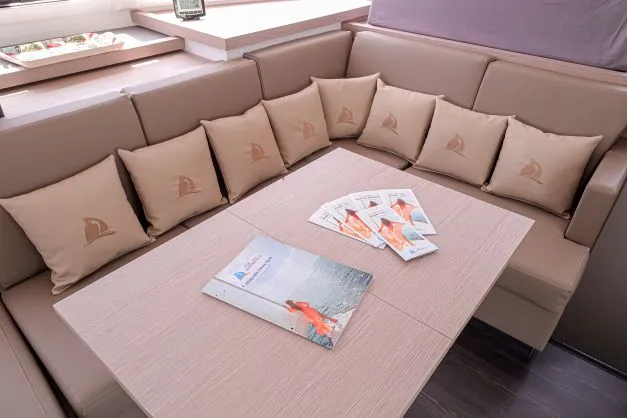Salon of Lalena, a Fountaine Pajot Astréa 42 catamaran at Castellammare di Stabia, Italy