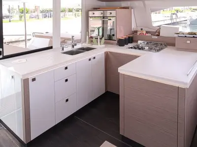 Galley of Lalena, a Fountaine Pajot Astréa 42 catamaran at Castellammare di Stabia, Italy