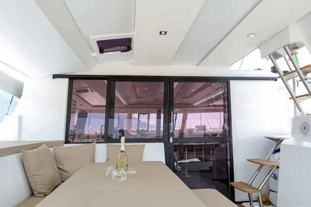 Deck of Lalena, a Fountaine Pajot Astréa 42 catamaran at Castellammare di Stabia, Italy