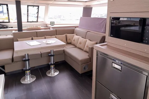 Salon of Lalena, a Fountaine Pajot Astréa 42 catamaran at Castellammare di Stabia, Italy