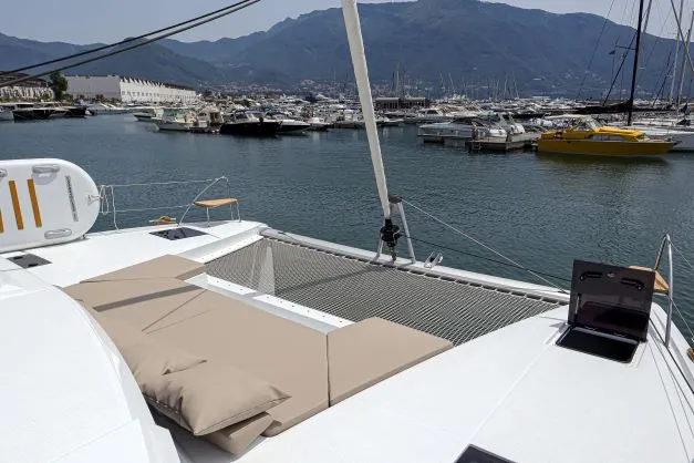 Deck of Lalena, a Fountaine Pajot Astréa 42 catamaran at Castellammare di Stabia, Italy
