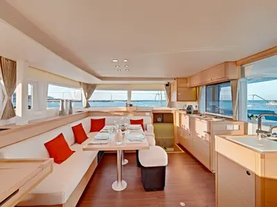 Salon of Bright Moon, a Lagoon 450 F catamaran at Trogir, Croatia