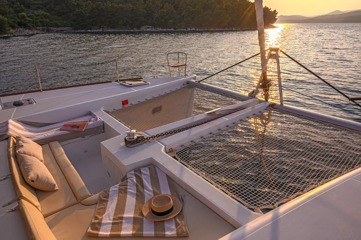Deck of Bright Moon, a Lagoon 450 F catamaran at Trogir, Croatia