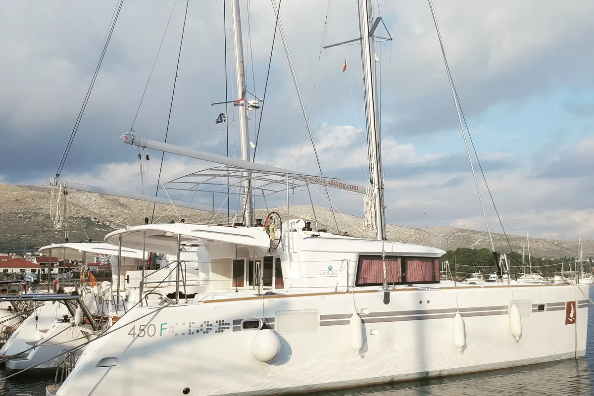 Exterior view of Bright Moon, a Lagoon 450 F catamaran at Trogir, Croatia