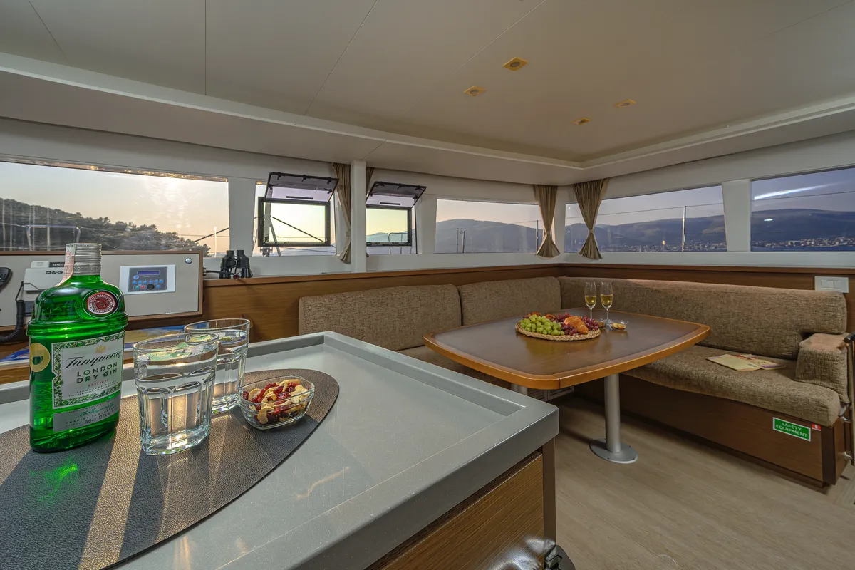 Salon of Bright Moon, a Lagoon 450 F catamaran at Trogir, Croatia
