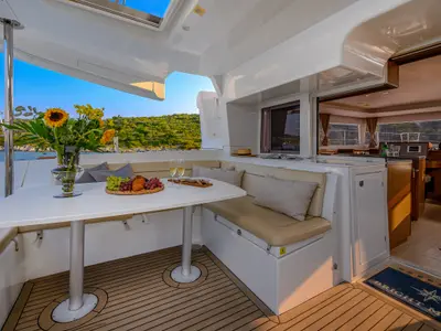 Deck of Bright Moon, a Lagoon 450 F catamaran at Trogir, Croatia