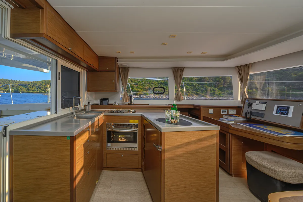 Deck of Bright Moon, a Lagoon 450 F catamaran at Trogir, Croatia