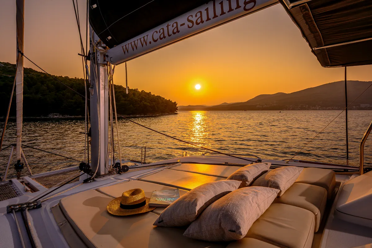 Deck of Bright Moon, a Lagoon 450 F catamaran at Trogir, Croatia