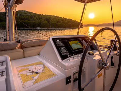 Cockpit of Bright Moon, a Lagoon 450 F catamaran at Trogir, Croatia