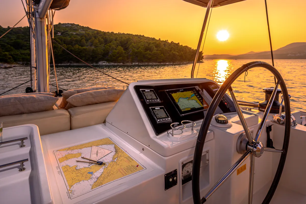 Cockpit of Bright Moon, a Lagoon 450 F catamaran at Trogir, Croatia