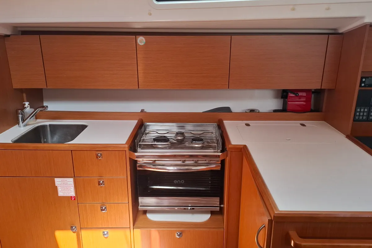 Galley of Balarina, a Bavaria C42 sailboat at Lefkada, Greece