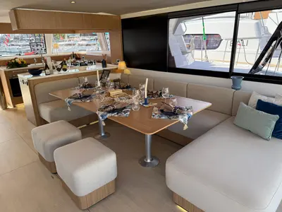 Salon of Alhena, a Bali 5.8 catamaran at Olbia, Italy