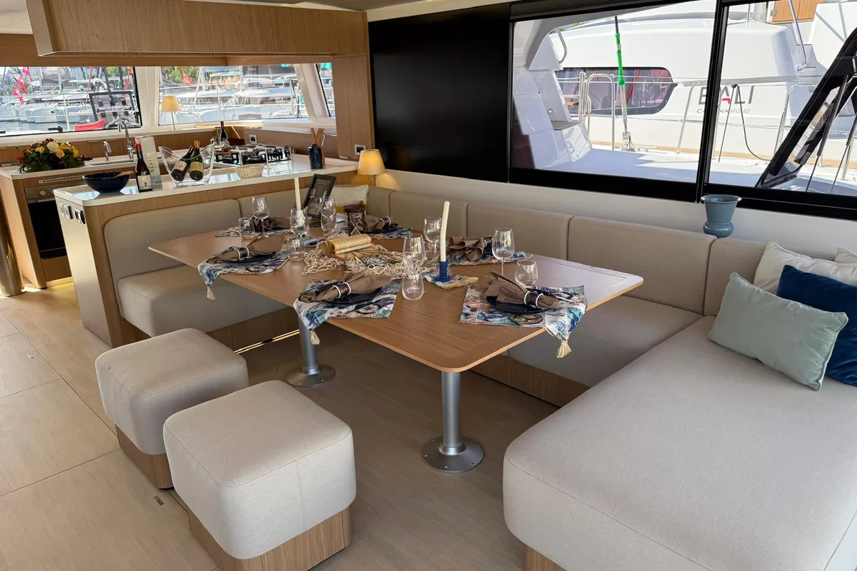 Salon of Alhena, a Bali 5.8 catamaran at Olbia, Italy