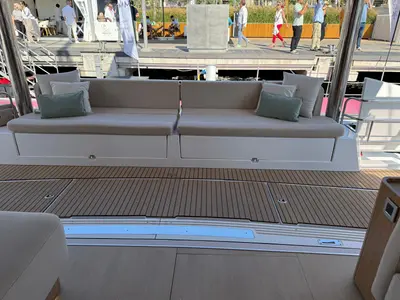 Deck of Alhena, a Bali 5.8 catamaran at Olbia, Italy