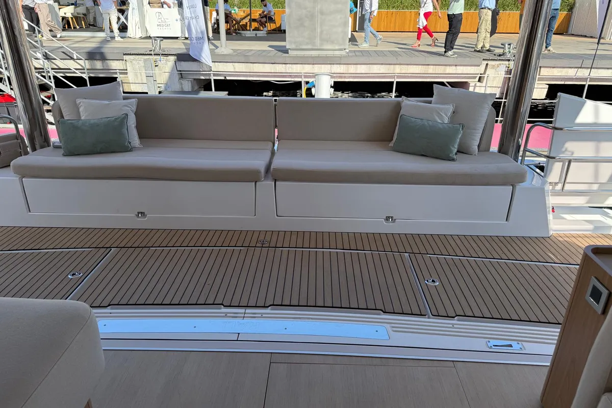 Deck of Alhena, a Bali 5.8 catamaran at Olbia, Italy