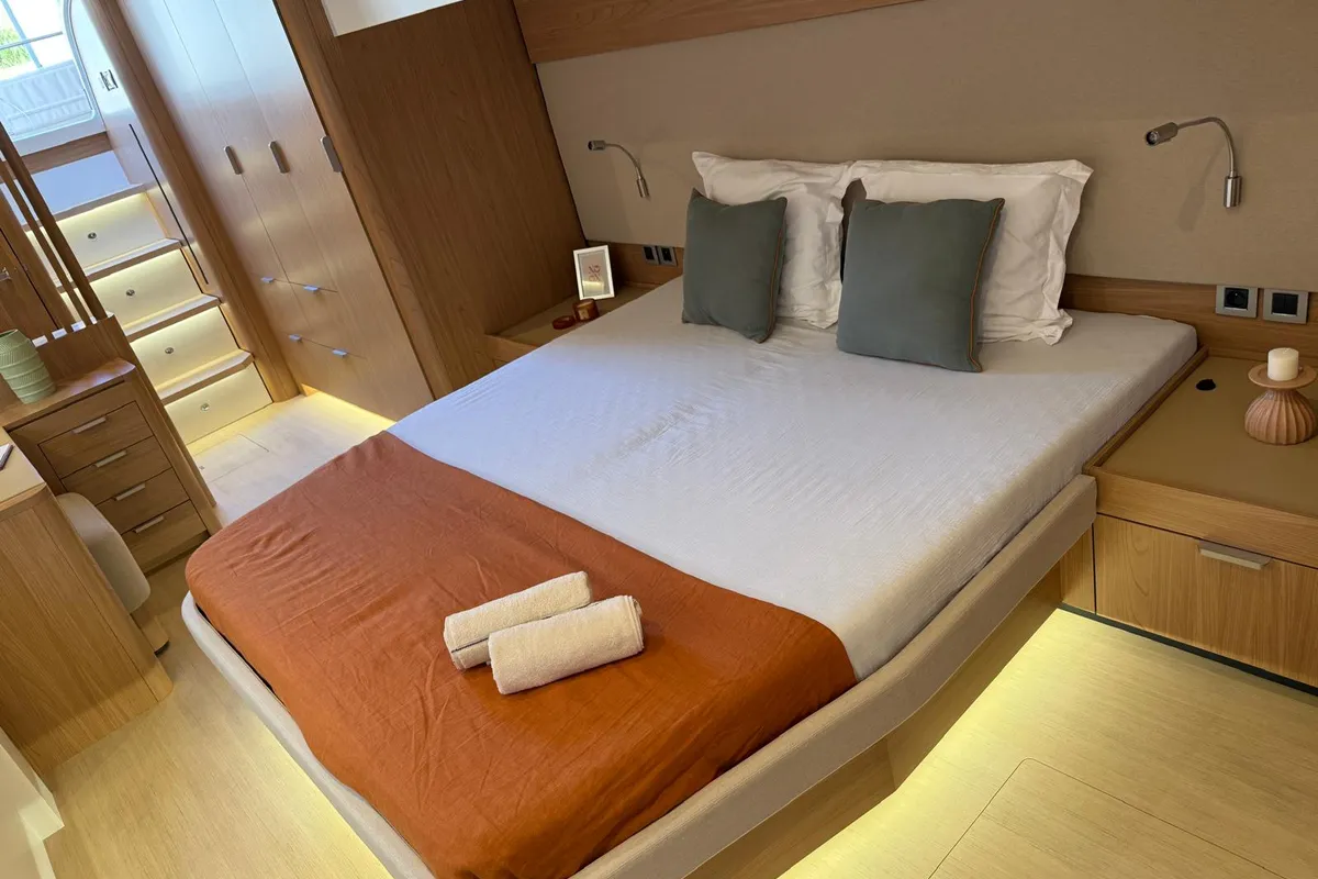 Cabin on Alhena, a Bali 5.8 catamaran at Olbia, Italy