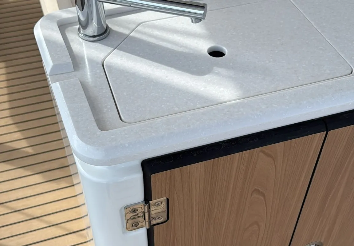 Deck of Alhena, a Bali 5.8 catamaran at Olbia, Italy