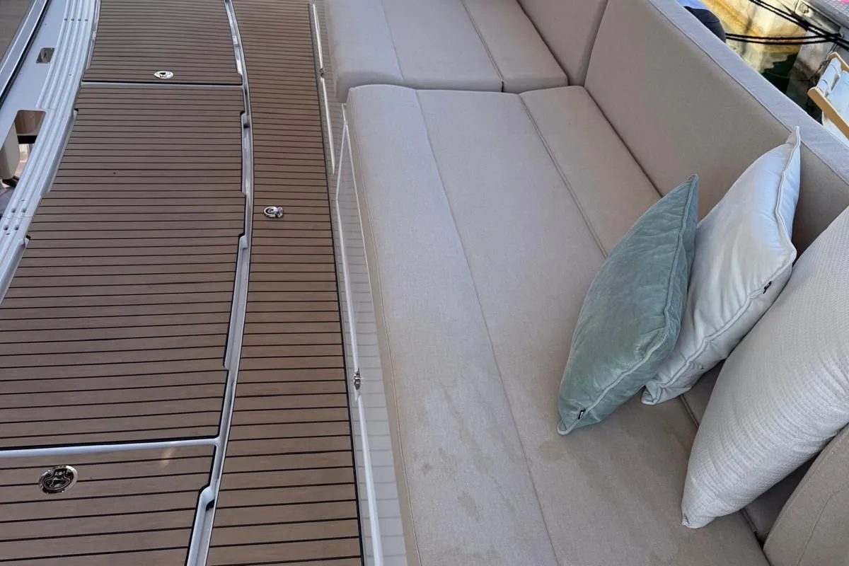 Deck of Alhena, a Bali 5.8 catamaran at Olbia, Italy