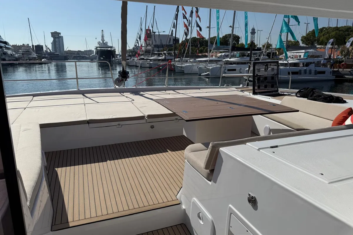 Exterior view of Alhena, a Bali 5.8 catamaran at Olbia, Italy