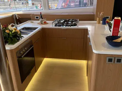 Galley of Alhena, a Bali 5.8 catamaran at Olbia, Italy