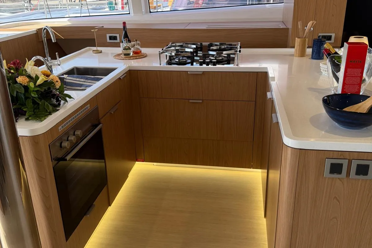 Galley of Alhena, a Bali 5.8 catamaran at Olbia, Italy
