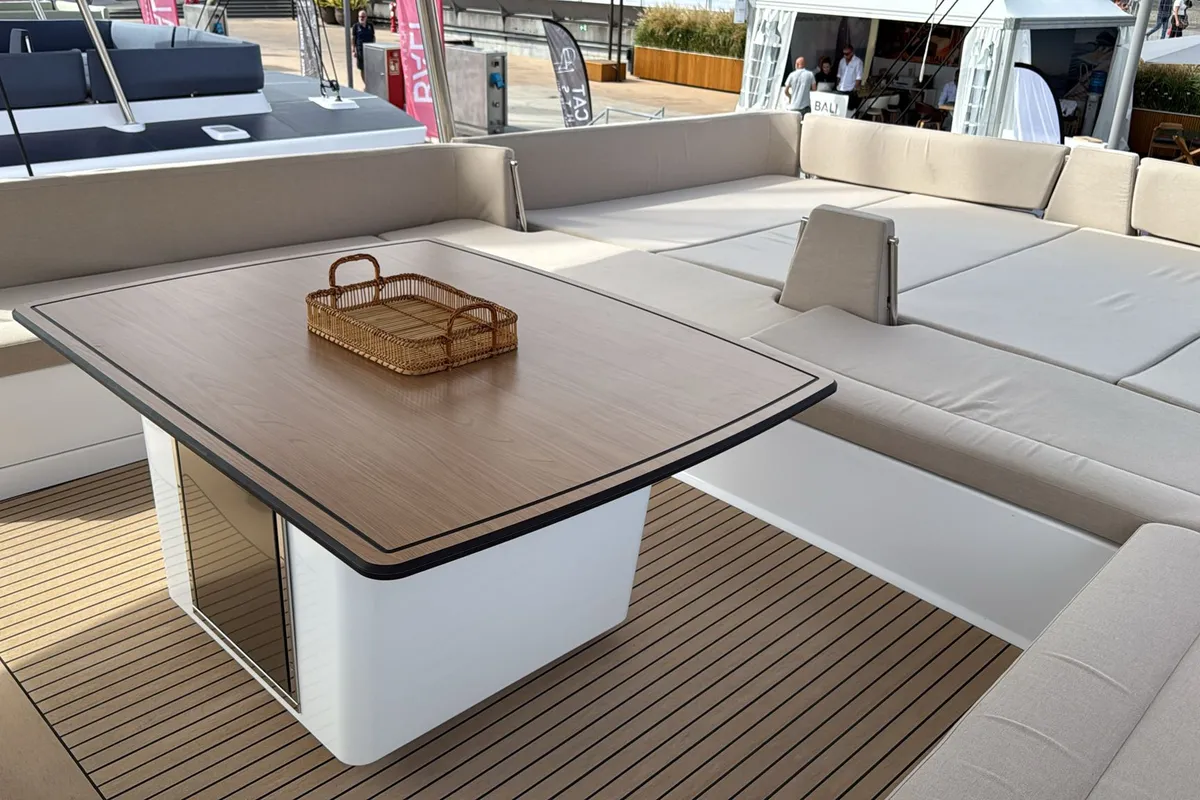 Deck of Alhena, a Bali 5.8 catamaran at Olbia, Italy