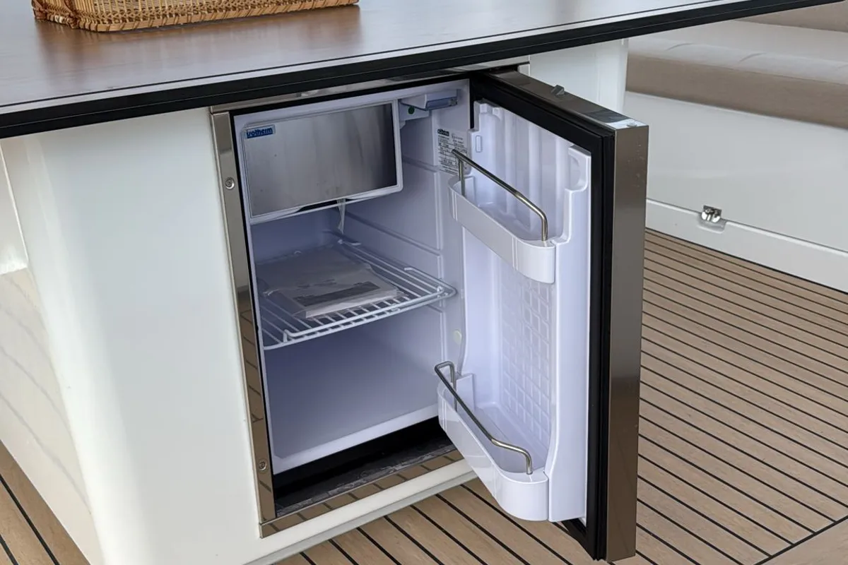 Deck of Alhena, a Bali 5.8 catamaran at Olbia, Italy