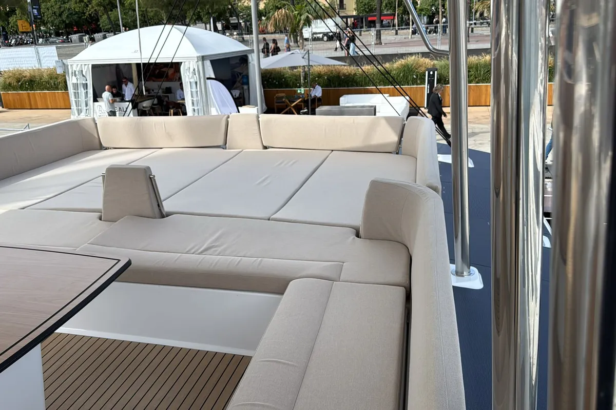 Deck of Alhena, a Bali 5.8 catamaran at Olbia, Italy