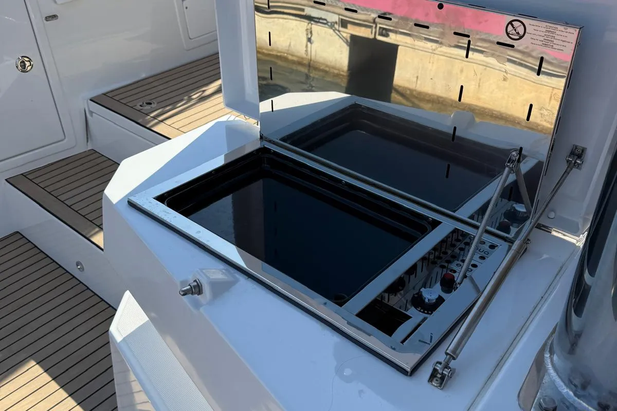 Deck of Alhena, a Bali 5.8 catamaran at Olbia, Italy