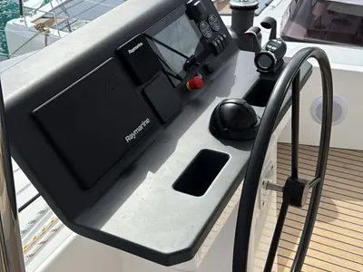 Cockpit of Alhena, a Bali 5.8 catamaran at Olbia, Italy